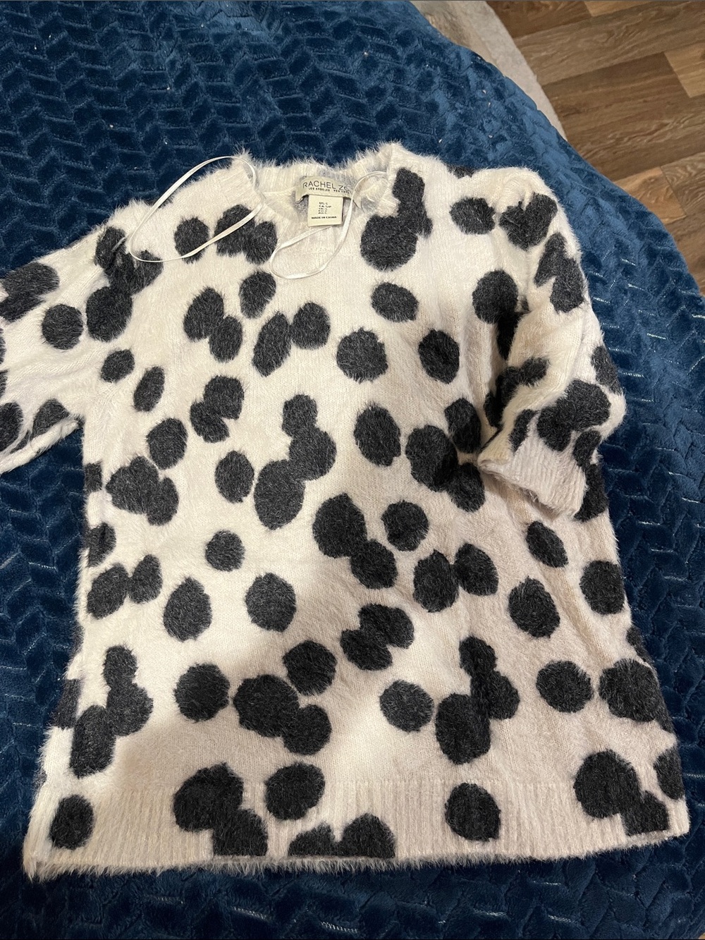 Rachel Zoe Cream and Black Spotted Fuzzy Crewneck Sweater